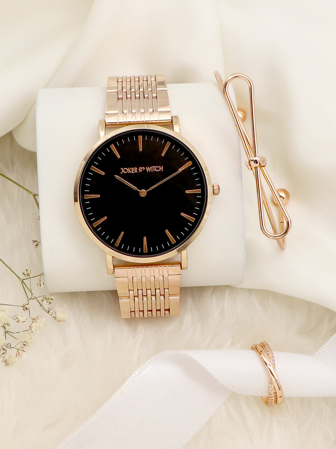 JOKER & WITCH Women Rose-Gold-Toned & Black Fiesta Love Traingle Watch Gift Set
