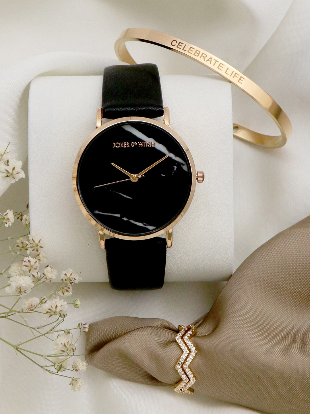 JOKER & WITCH Women Gold-Toned & Black Harbor Black Love Triangle Watch Gift Set JWLT315