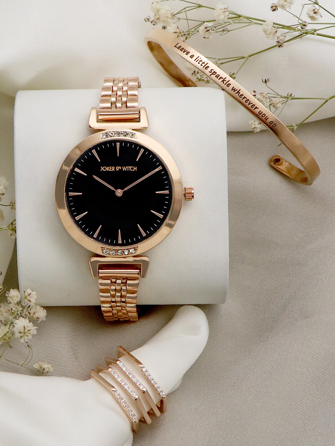 JOKER & WITCH Women Gold-Toned & Black Rose Shadow Love Triangle Watch Gift Set JWLT320