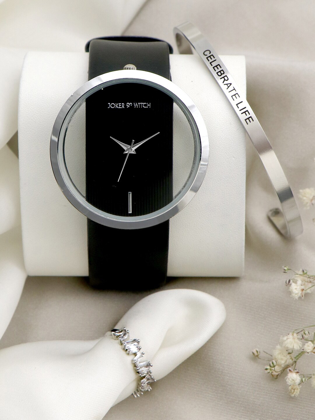 JOKER & WITCH Women Black & Silver-Toned Silvia Love Triangle Watch Gift Set JWLT298