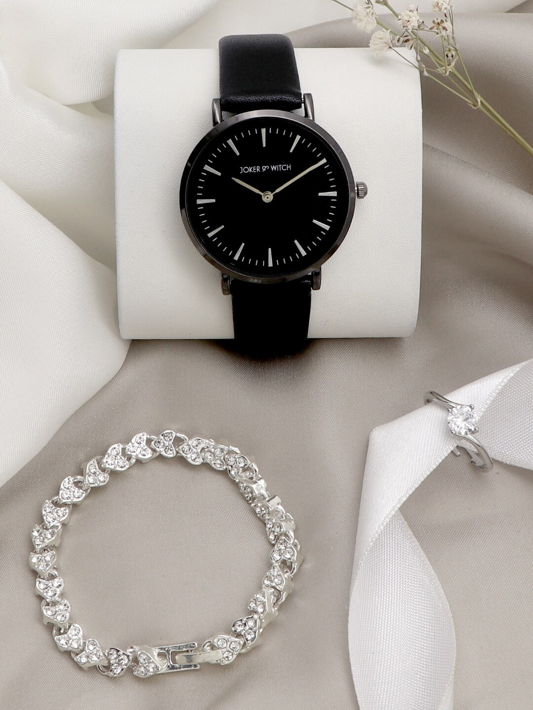 JOKER & WITCH Women Black & Silver-Toned Watch Gift Set JWLT371