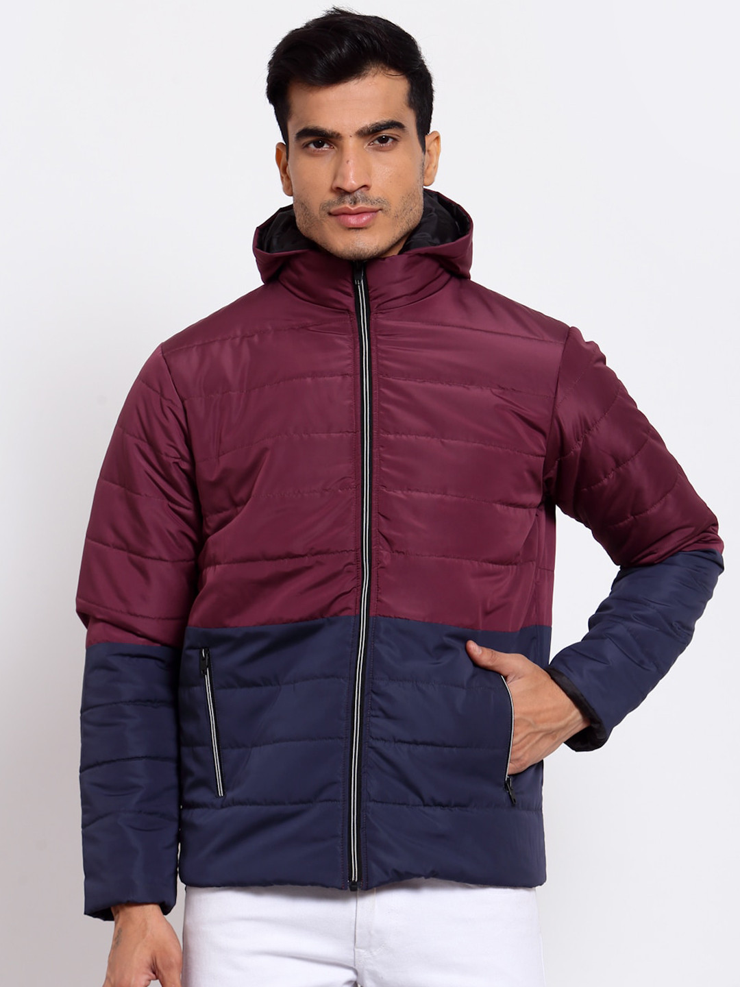Style Quotient Men Maroon Navy Blue Colourblocked Lightweight Outdoor Puffer Jacket