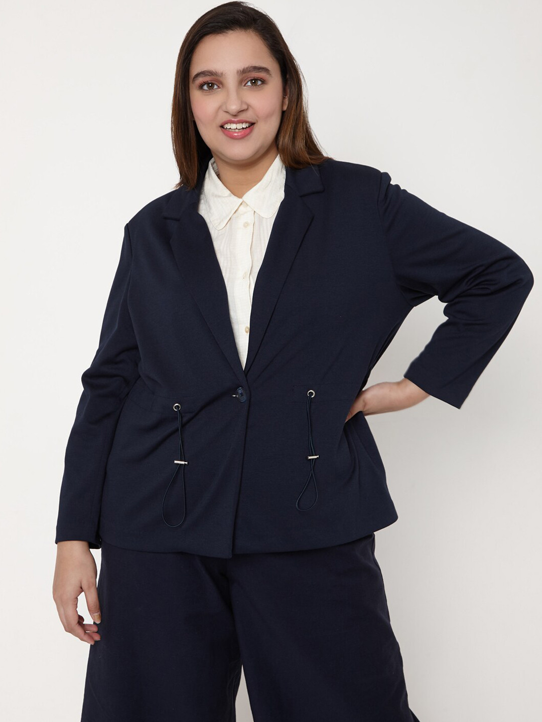 VERO MODA CURVE Women Navy Blue Solid Regular-Fit Single-Breasted Casual Blazer