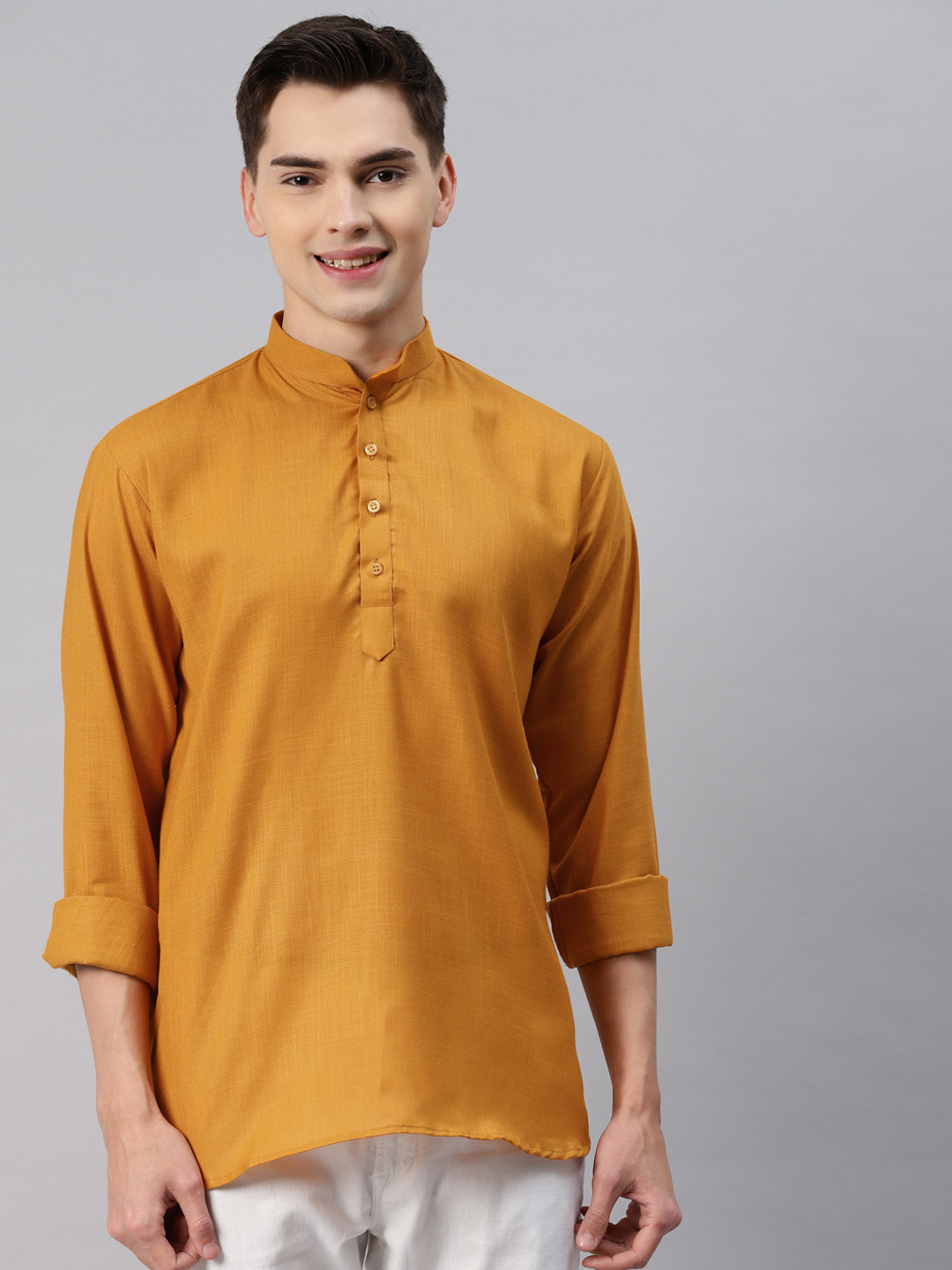 MAG Men Mustard Yellow Solid Regular Kurta