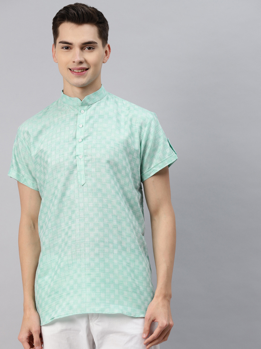 MAG Men Green & White Checked Regular Kurta
