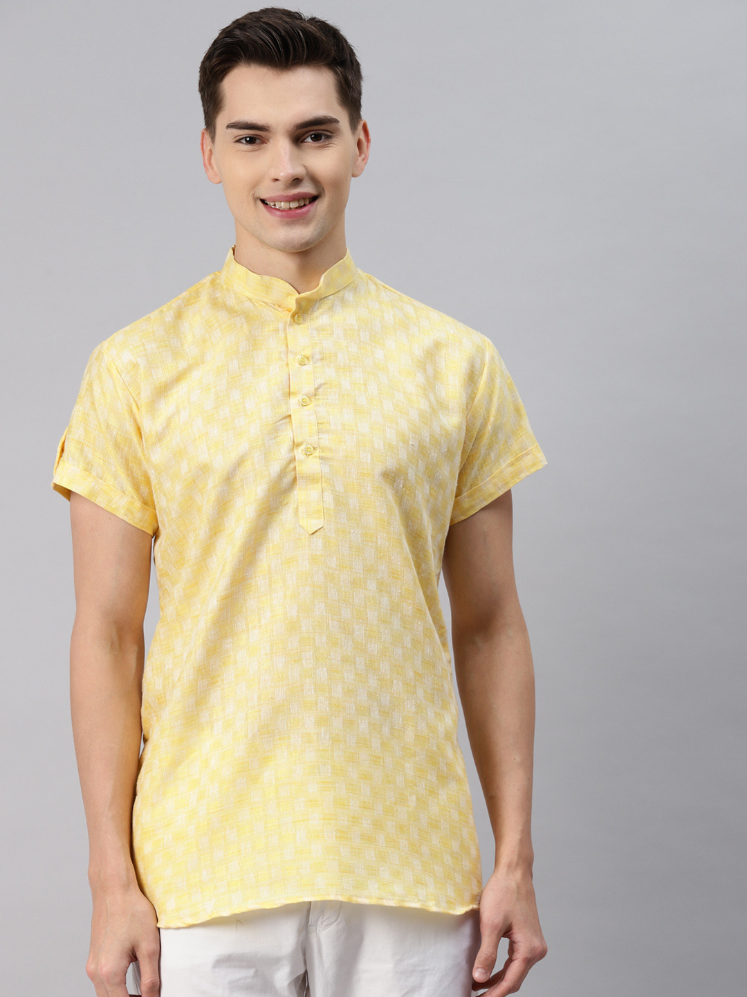 MAG Men Yellow & White Checked Regular Kurta