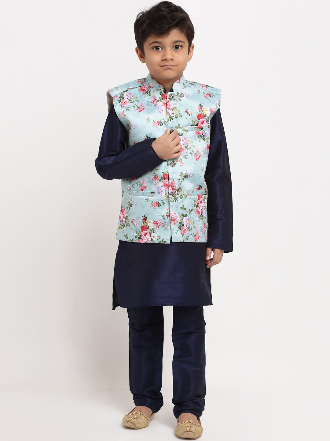 KRAFT INDIA Boys Navy Blue Floral Dupion Silk Kurta with Churidar & Nehru Jacket