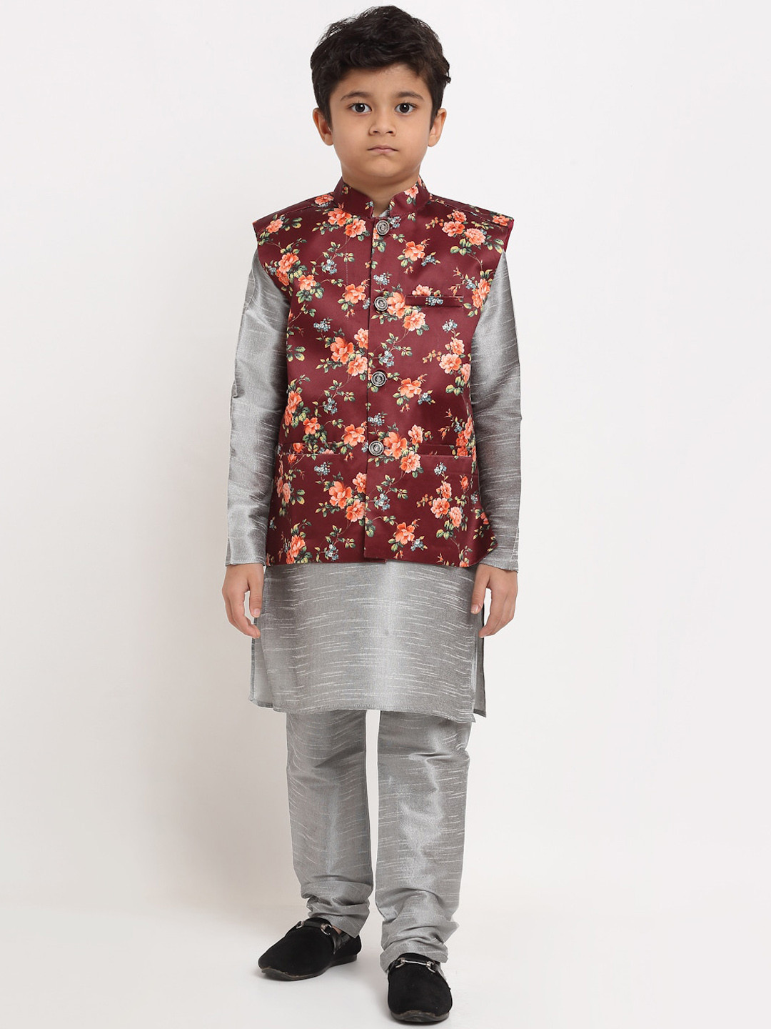 KRAFT INDIA Boys Silver Floral Dupion Silk Kurta with Pyjamas & Nehru Jacket