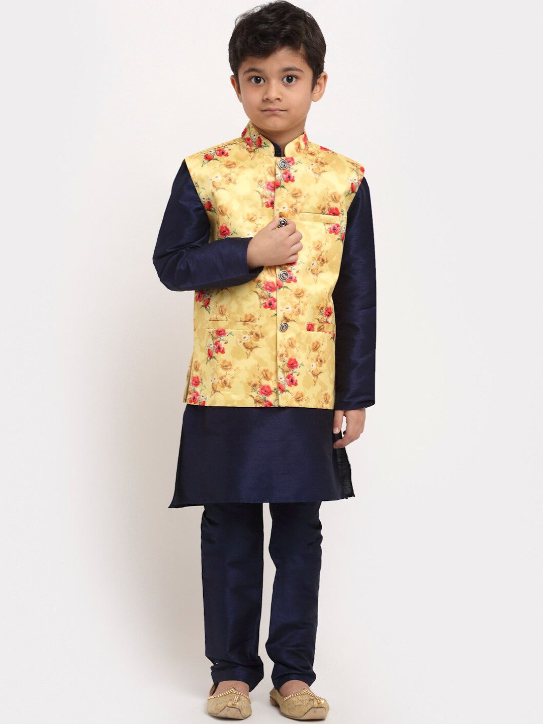 KRAFT INDIA Boys Navy Blue Floral Dupion Silk Kurta with Pyjamas & Nehru Jacket