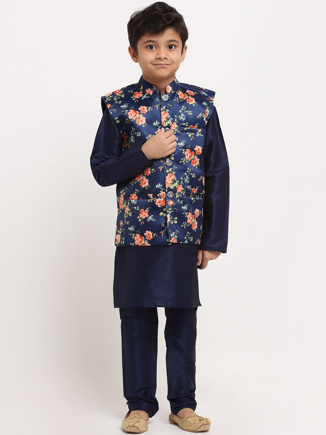 KRAFT INDIA Boys Navy Blue Floral Printed Dupion Silk Kurta with Churidar & Nehru Jacket