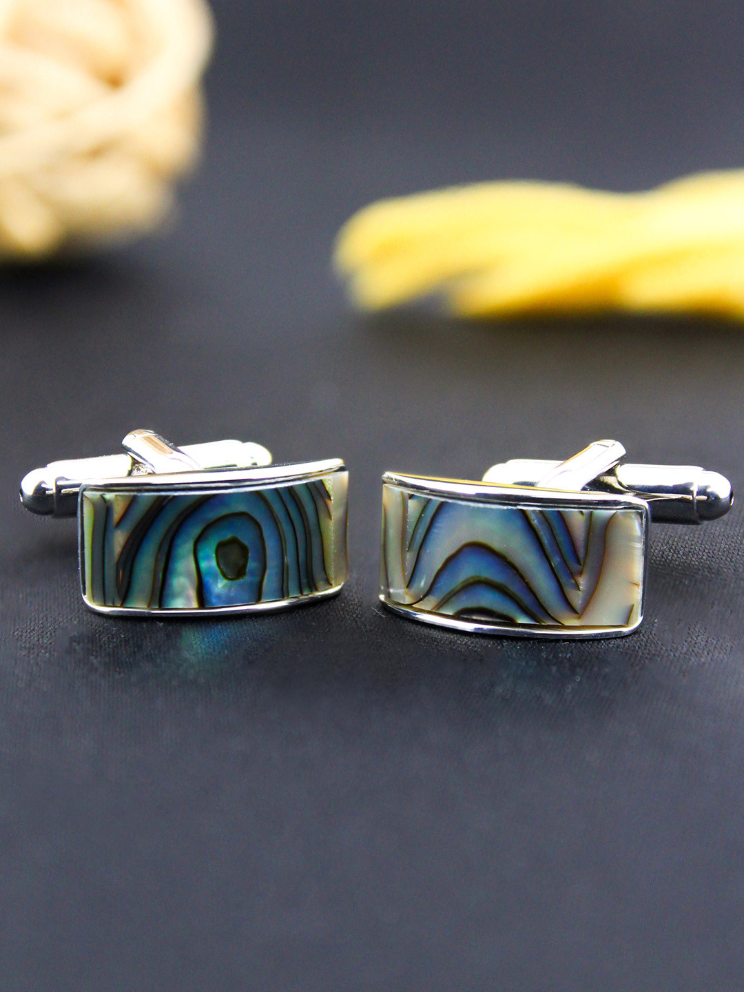PELUCHE Silver-Toned Natural Abalone Shell Stone Geometric Cufflink