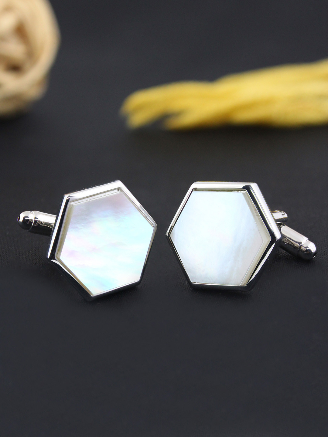 PELUCHE Silver-Toned Natural Mother of Pearl Stone Geometric Cufflink