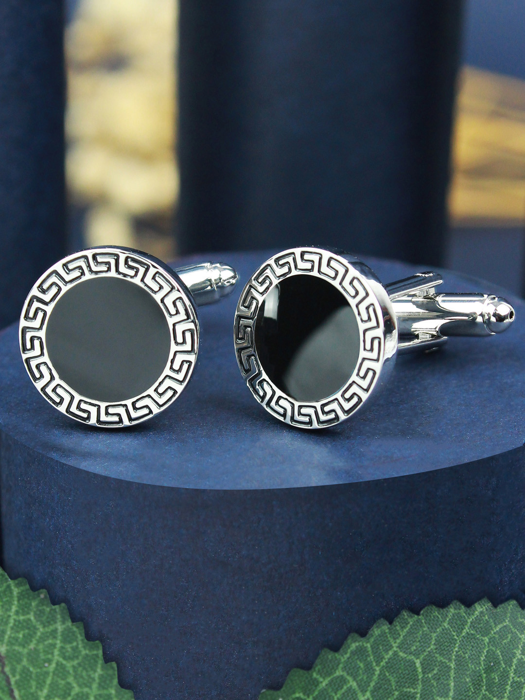 PELUCHE Silver-Toned & Black Enamel Cufflink