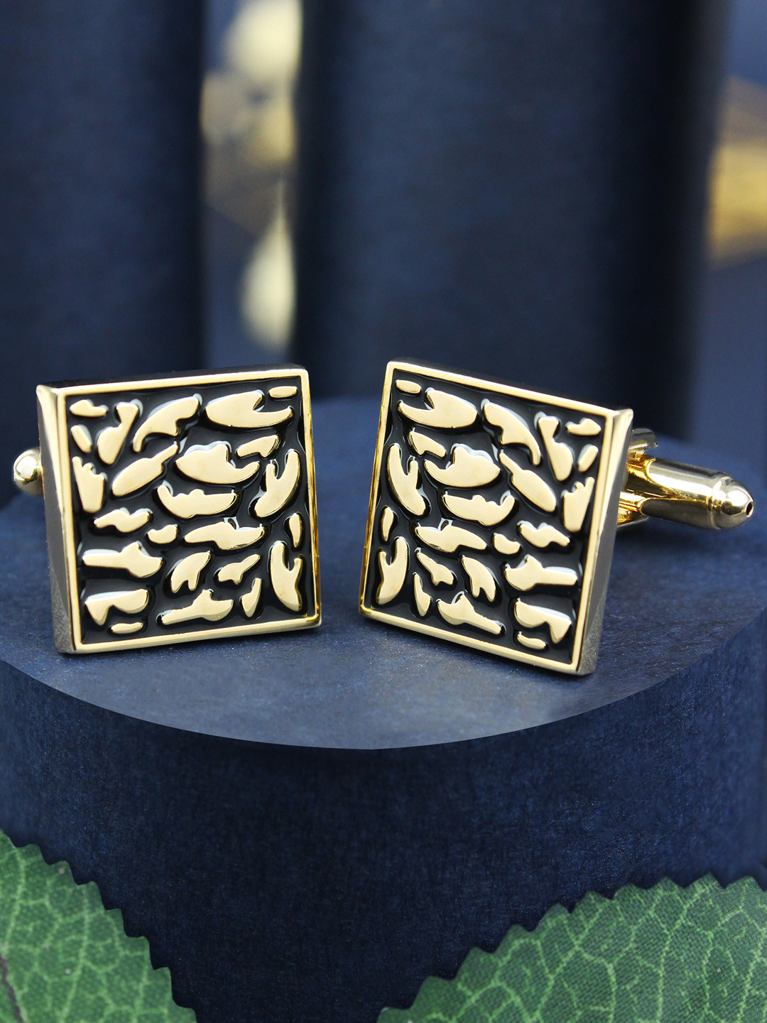 PELUCHE Gold-Toned & Black Leopard Style Cufflink
