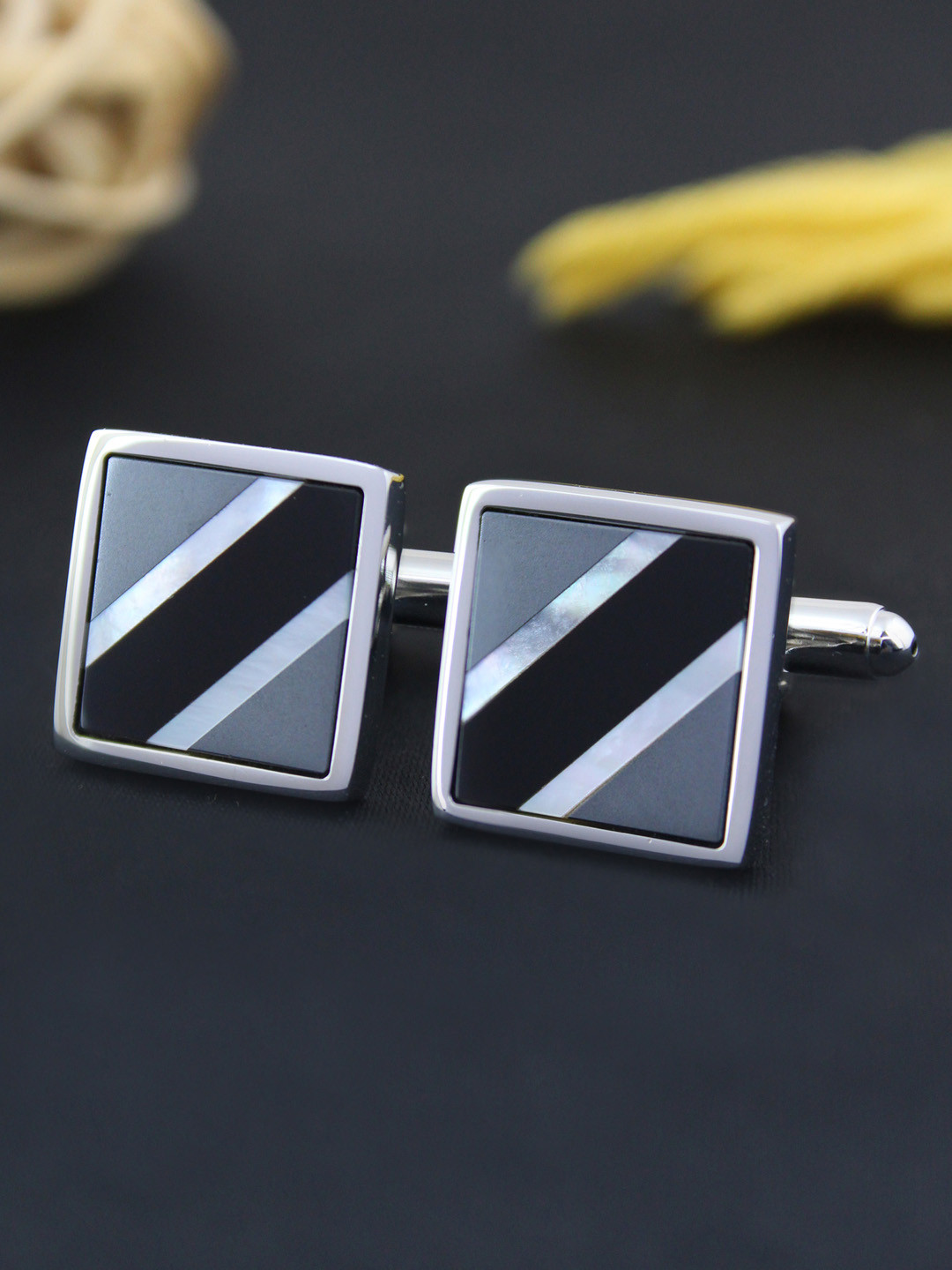 PELUCHE Silver-Toned & Black Natural Tiger's Eye Stone Cufflink