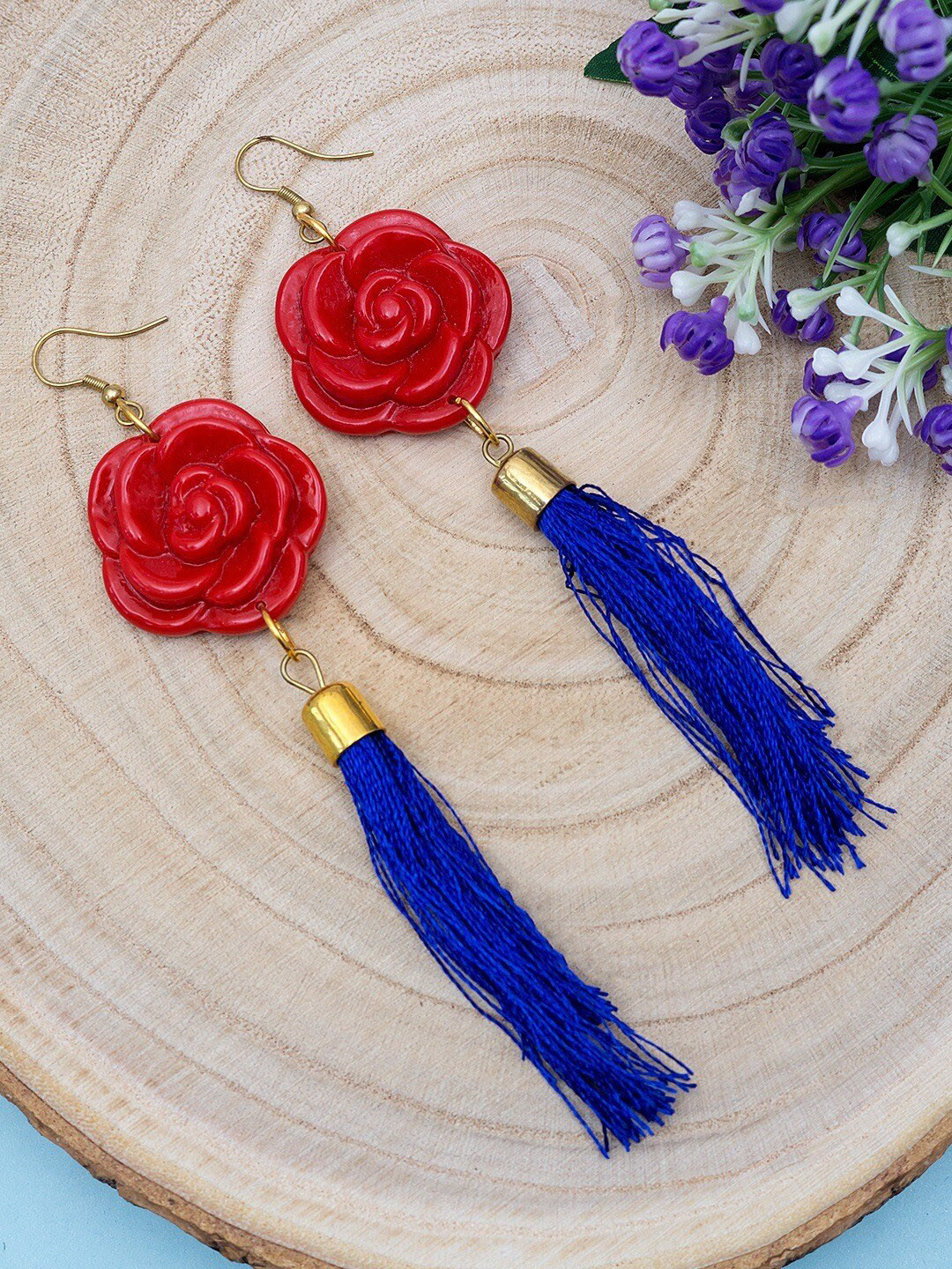 Golden Peacock Red & Blue Floral Drop Earrings