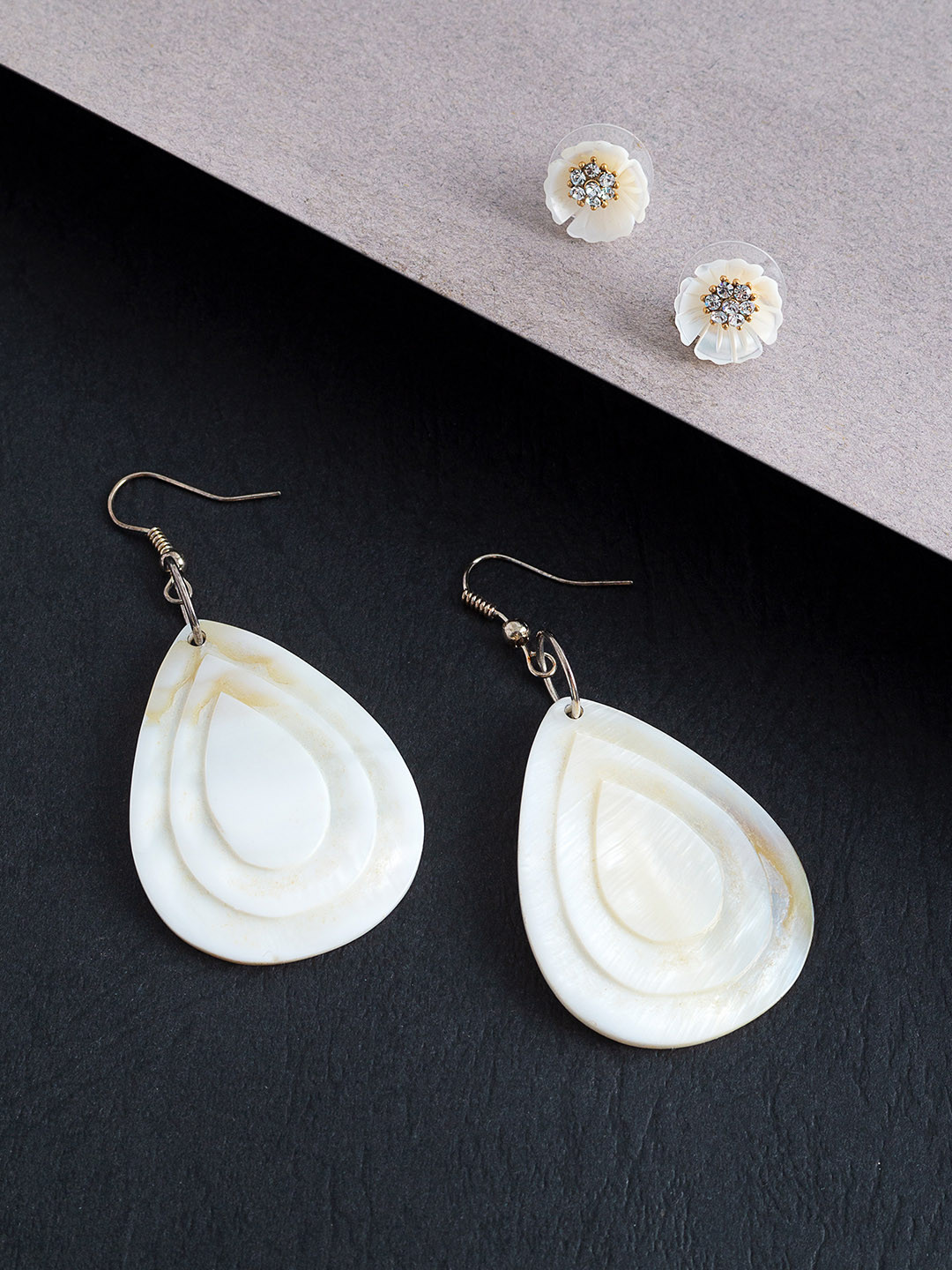 Golden Peacock White Teardrop Shaped Drop Earrings