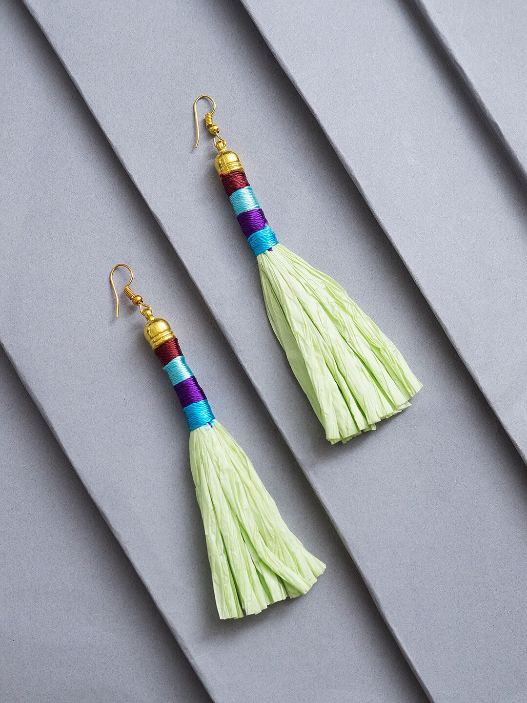 Golden Peacock Green Contemporary Tasselled Drop Earrings