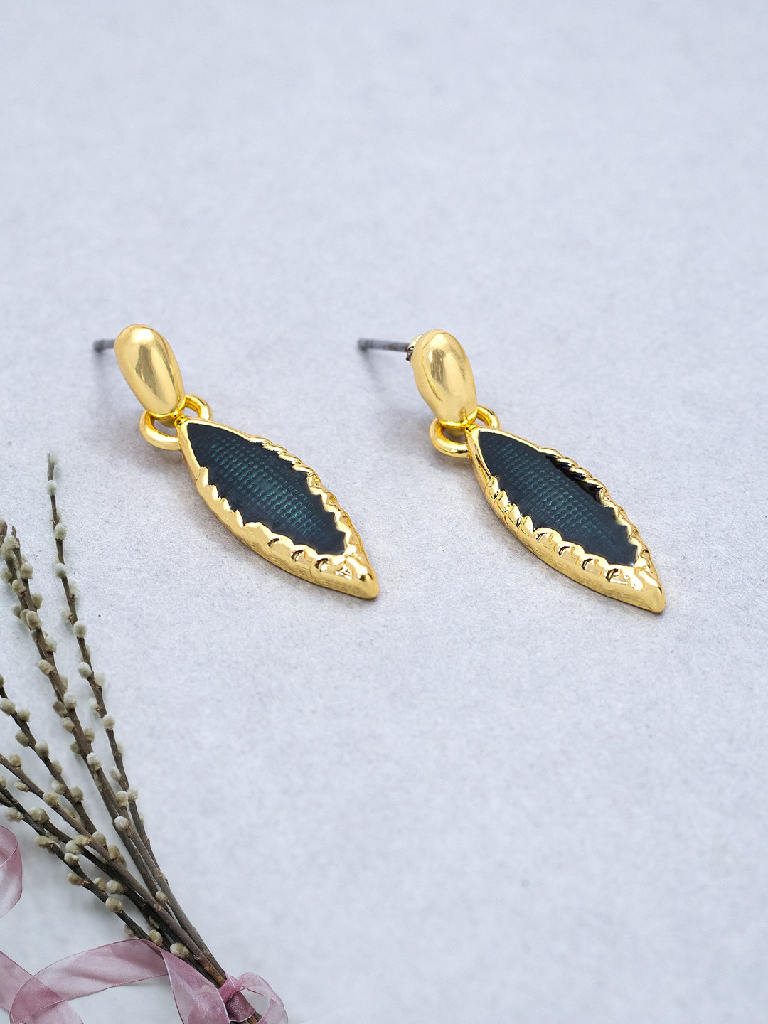 Golden Peacock Black Teardrop Shaped Drop Earrings