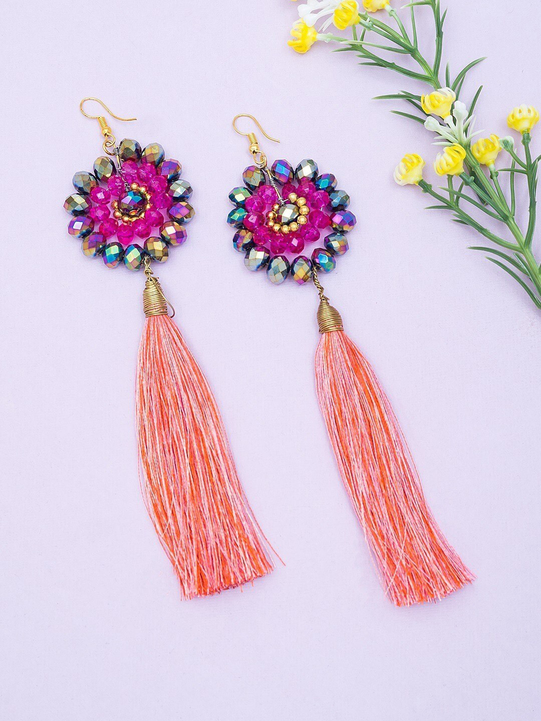 Golden Peacock Peach-Coloured Contemporary Tassel Earrings