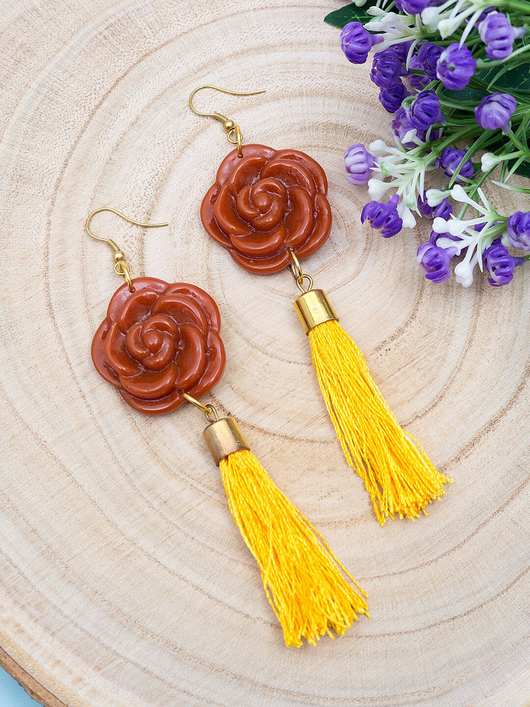 Golden Peacock Yellow & Brown Floral Drop Earrings