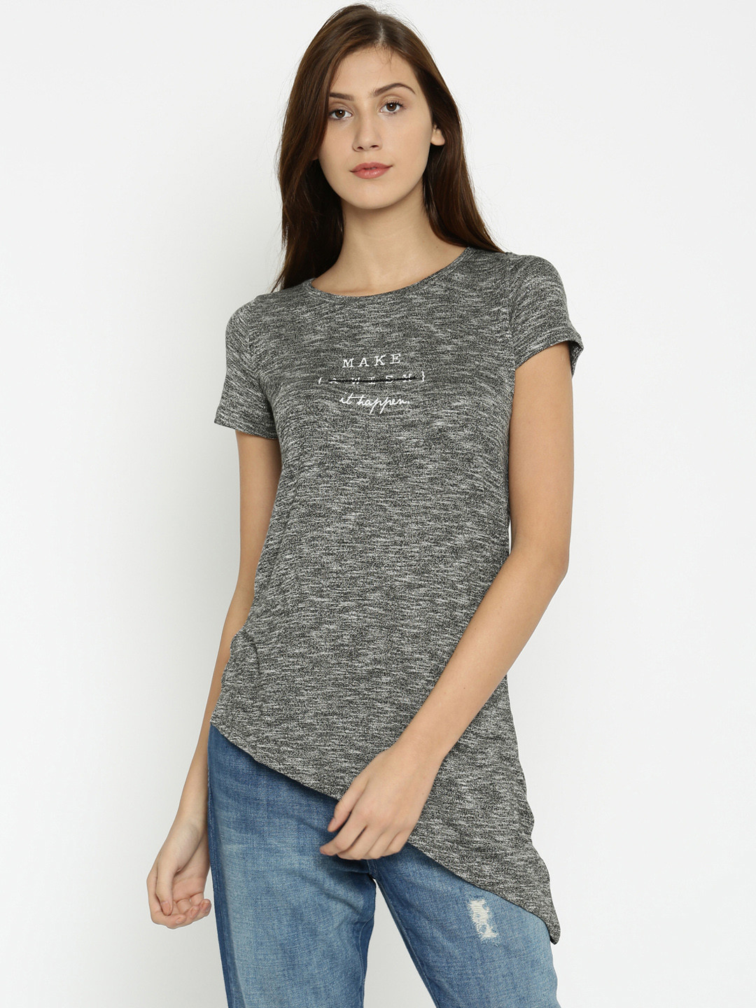 Vero Moda Women Grey Melange Printed High-Low Top