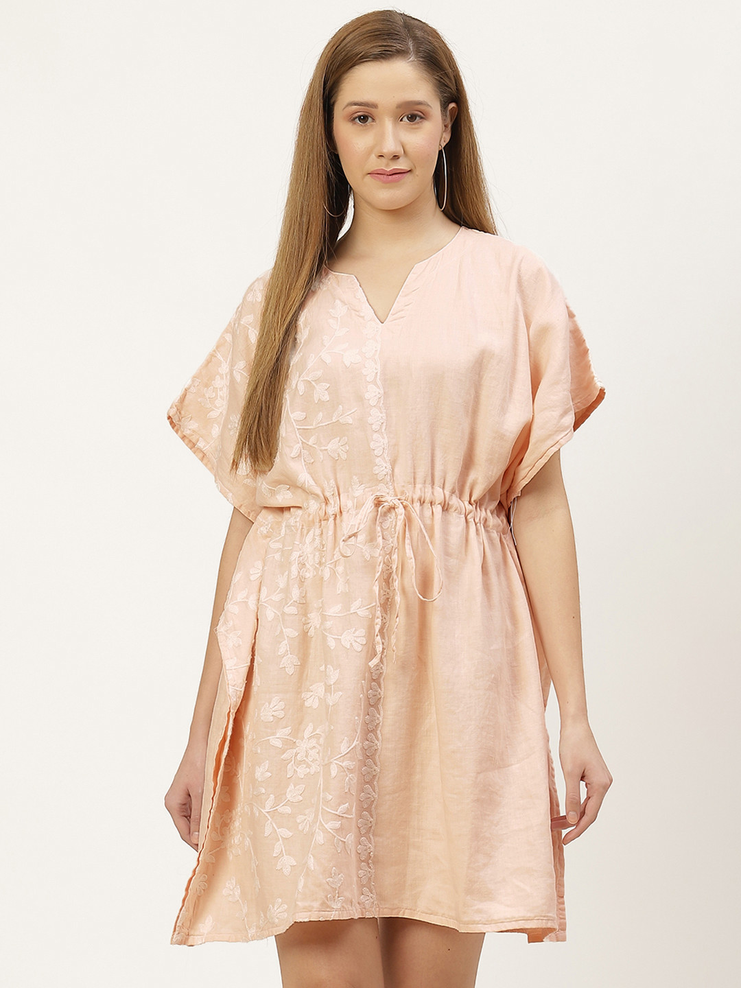 Reistor Peach-Coloured Hemp Floral Aari Embroidered August Breeze Kaftan Dress