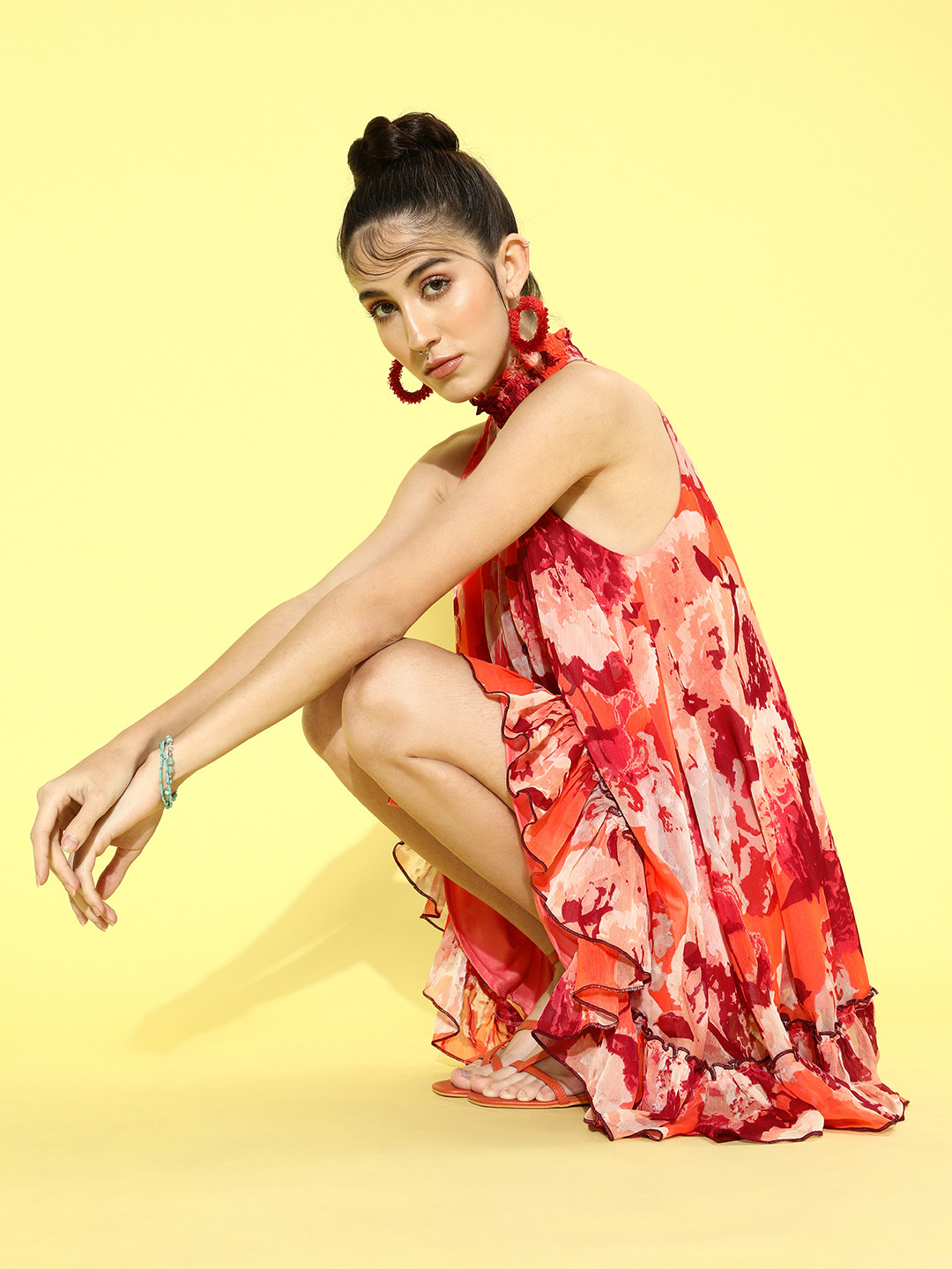 QUIERO Women Beautiful Orange Abstract Tiered Dress