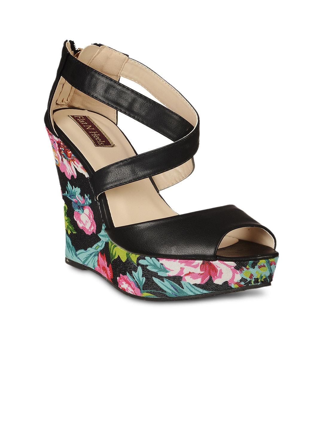 Flat n Heels Women Black Floral Print Wedges