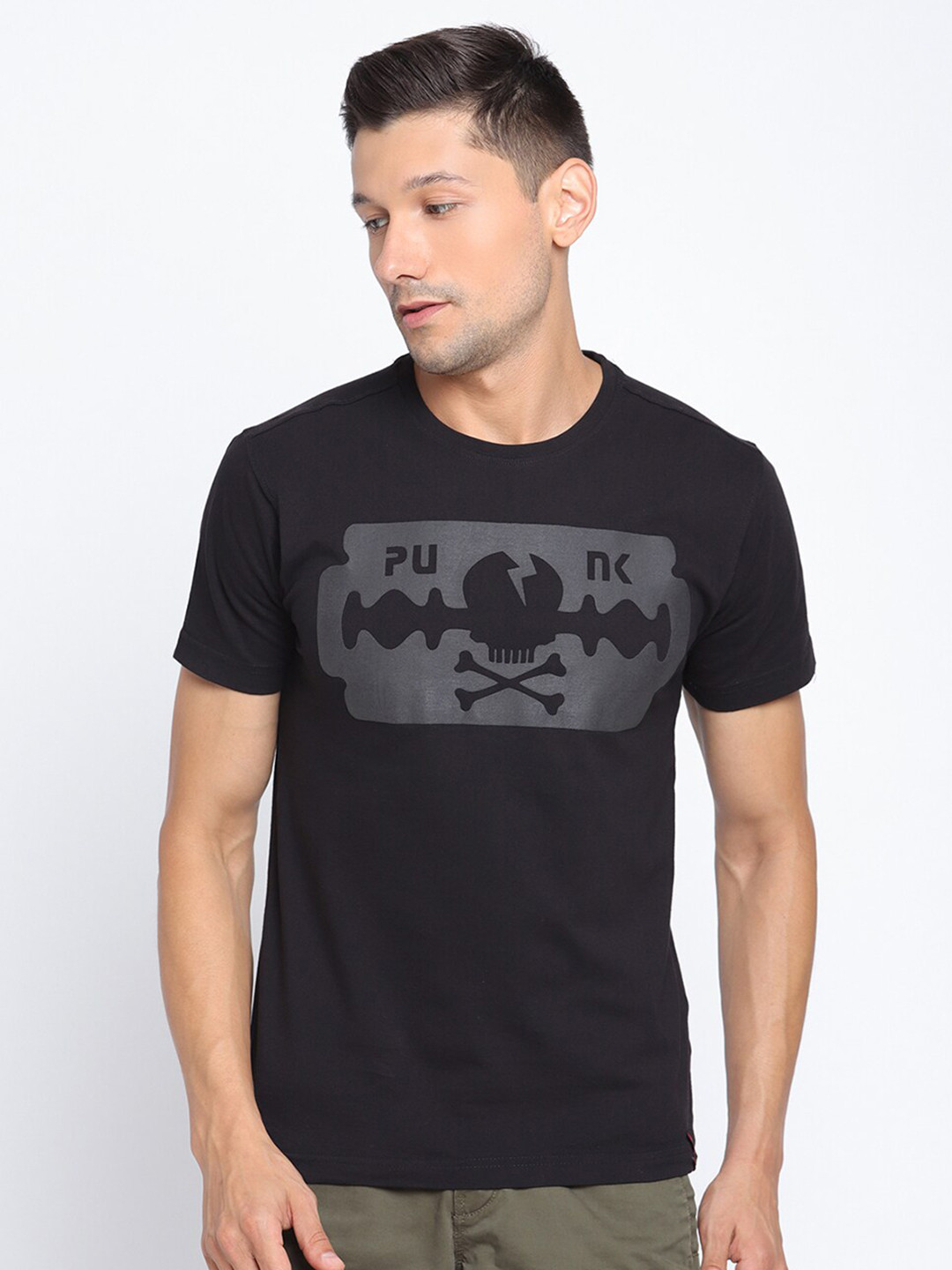 PUNK Men Black Punk Blade Printed Applique T-shirt