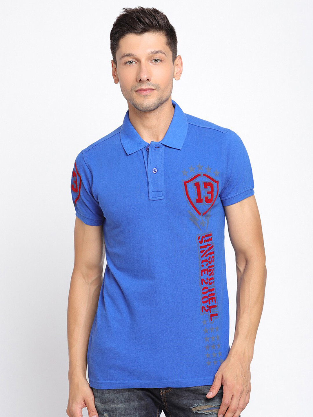 PUNK Men Blue & Red Typography Printed Polo Collar Cotton T-shirt
