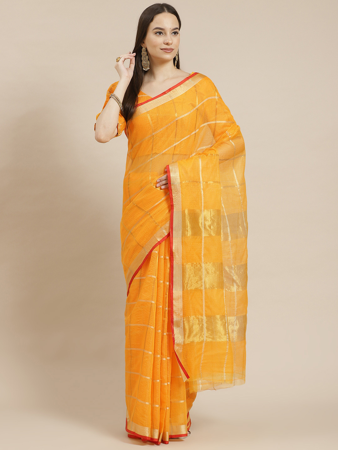 Kvsfab Yellow Checked Cotton & Silk Festive Saree