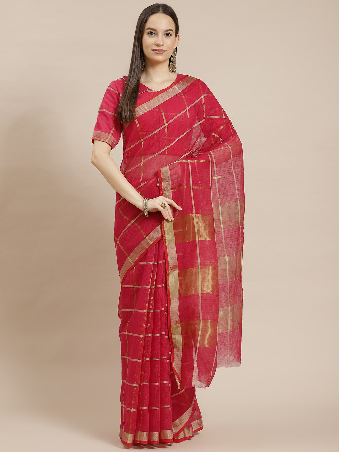 Kvsfab Pink Checked Cotton & Silk Festive Saree