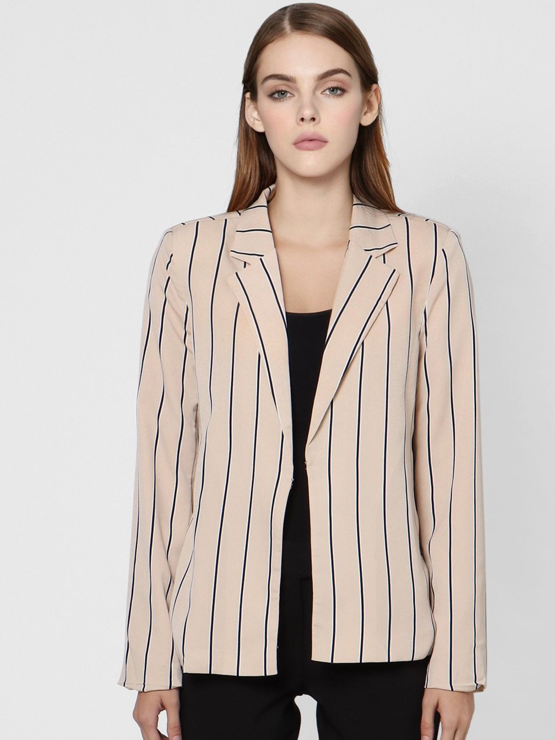 Vero Moda Women Peach-Coloured & Blue Striped Single-Breasted Formal Blazer