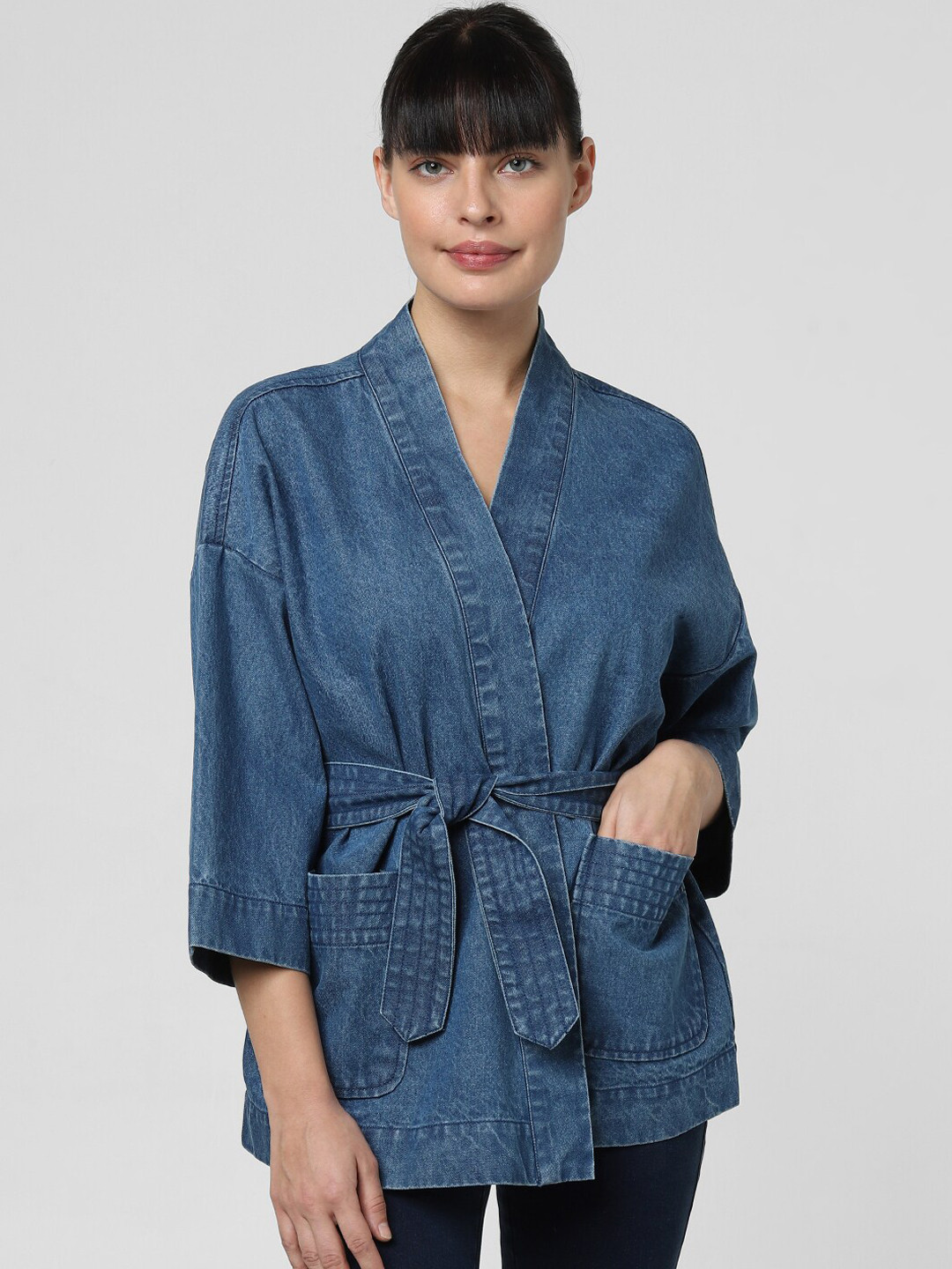 Vero Moda Women Blue Washed Longline Belted Kimono Denim Jacket