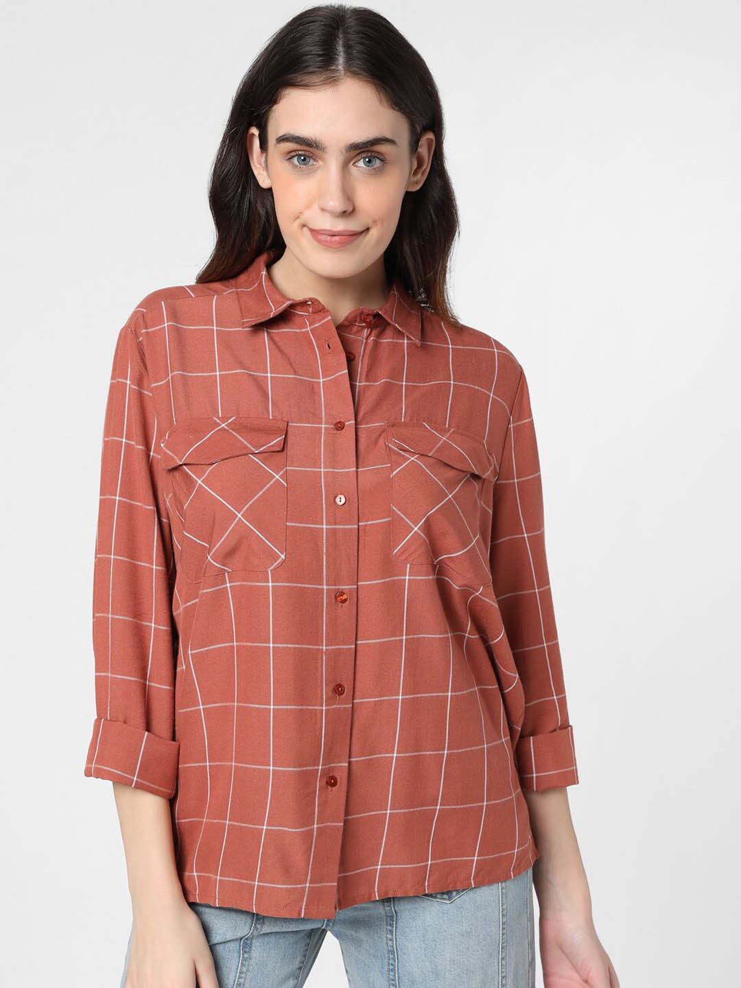 Vero Moda Women Rust Red & White Windowpane Checks Opaque Casual Shirt