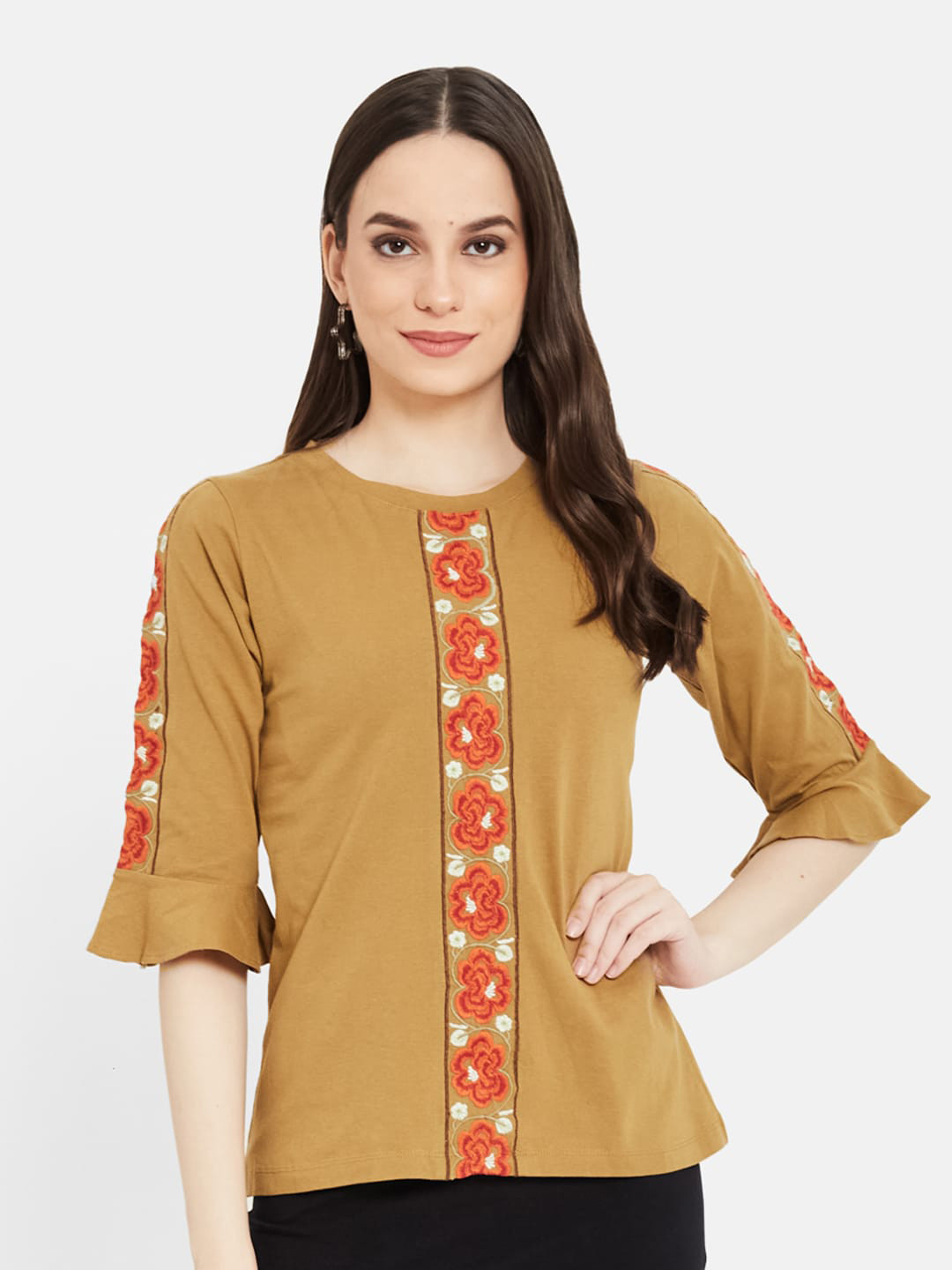 PURYS Brown Floral Embroidered Regular Top