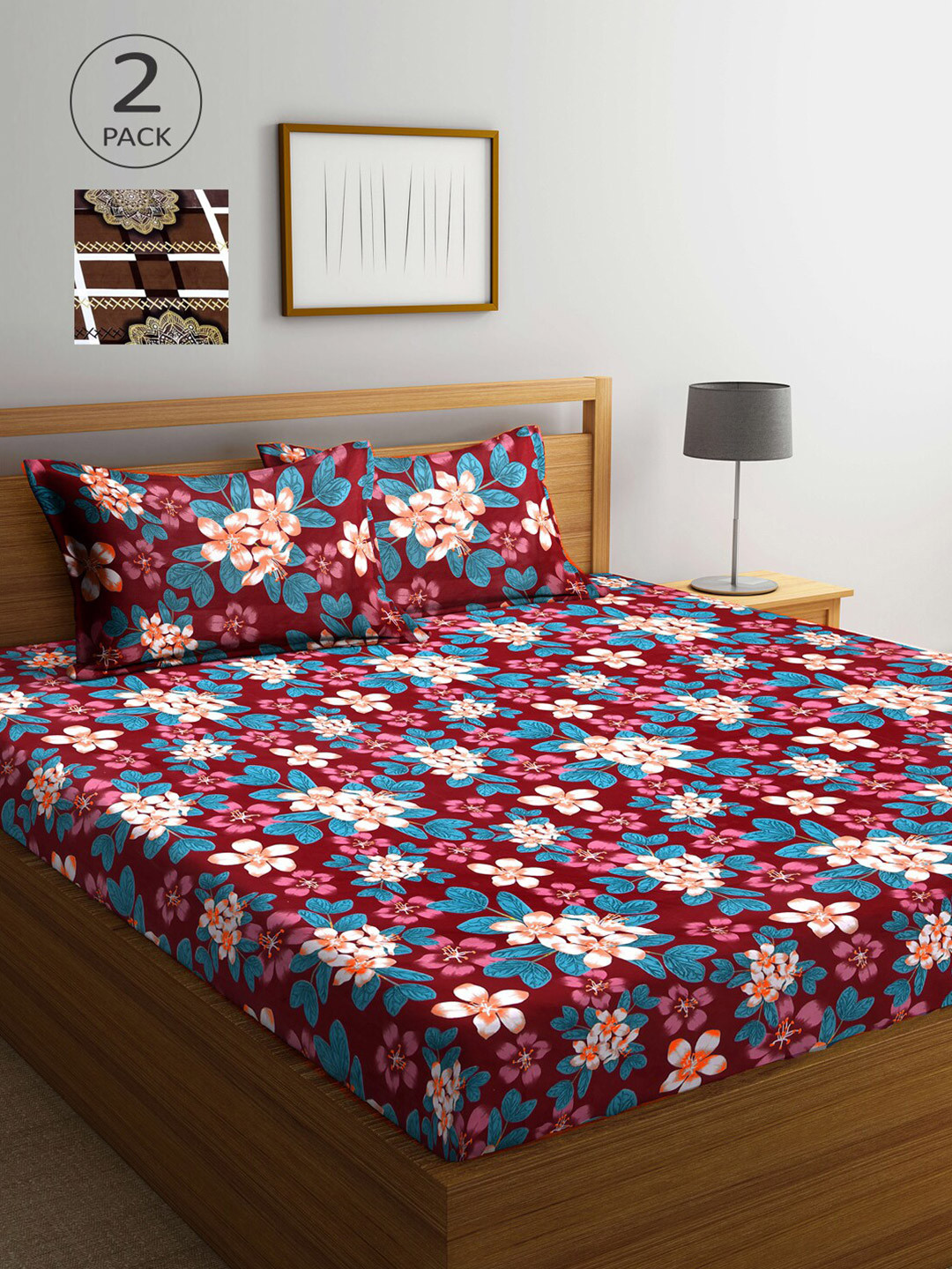 Arrabi Multicoloured Floral Cotton 300 TC King Fine 2 Bedsheet with 4 Pillow Covers-255 x 225 cm