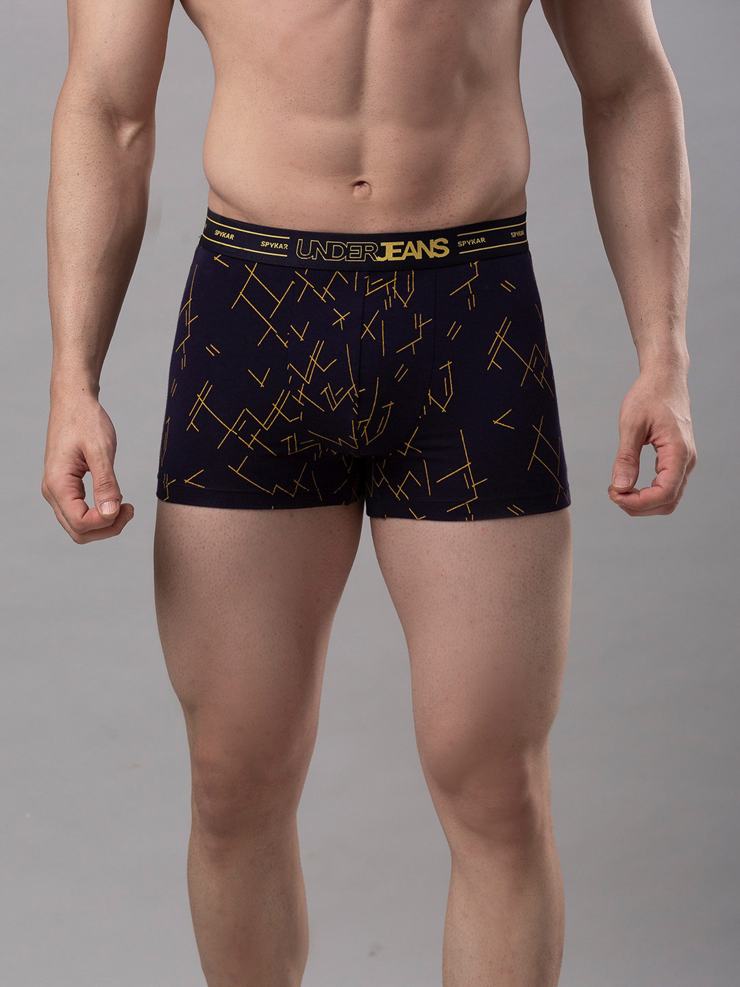 UnderJeans by Spykar Men Navy Blue & Yellow Printed Trunks UJMTRPTS032