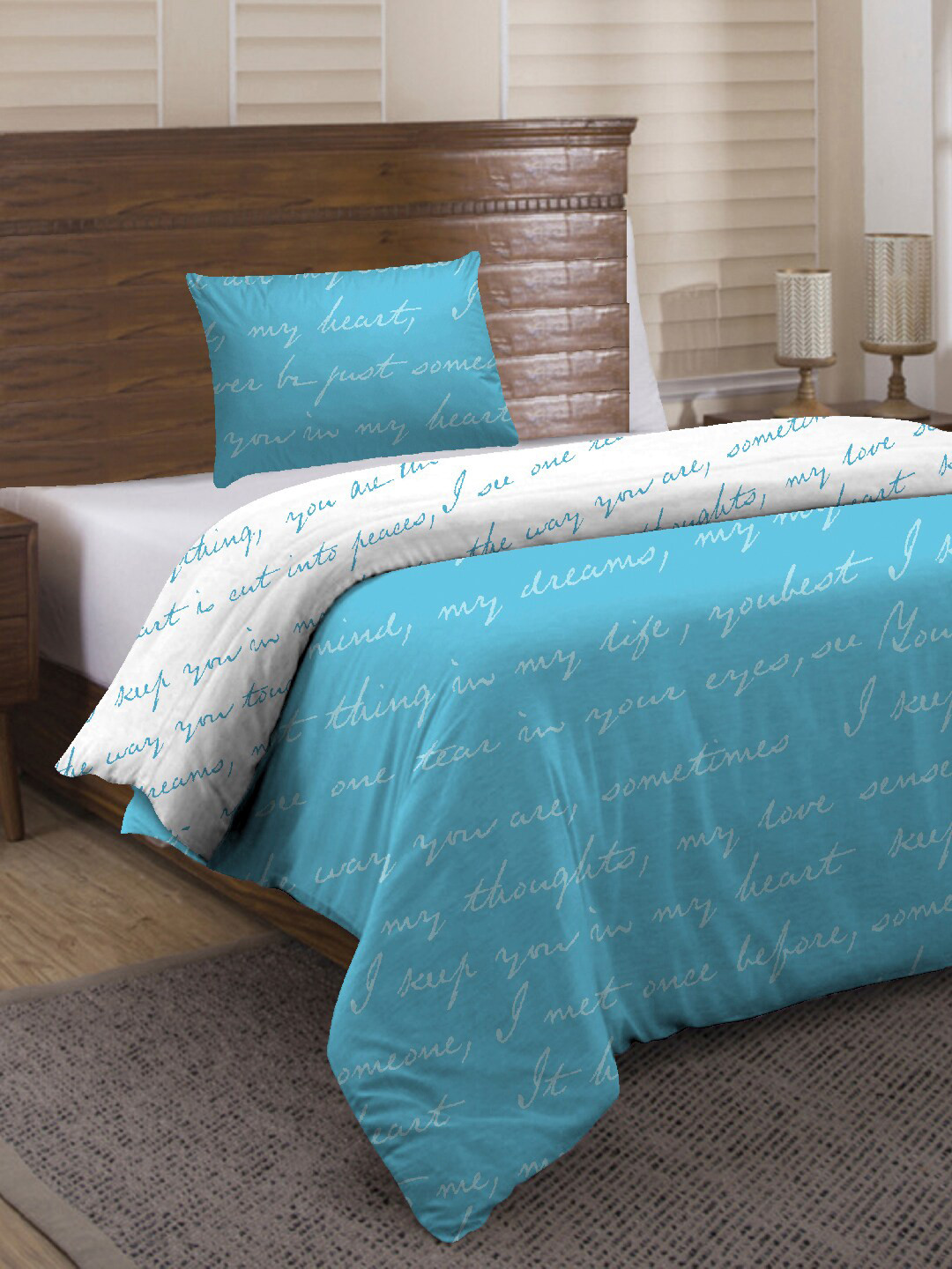 Divine Casa Blue & White Typography Printed 120 GSM Single Duvet Cover