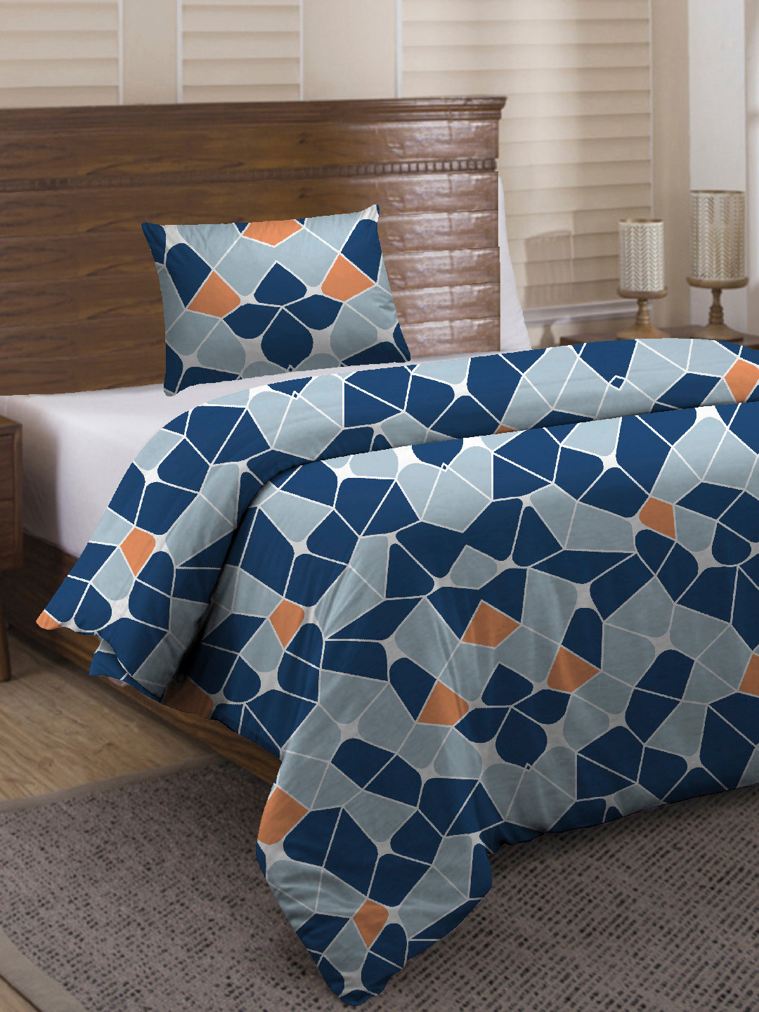 Divine Casa Blue & Orange Printed 120 GSM Single Duvet Cover