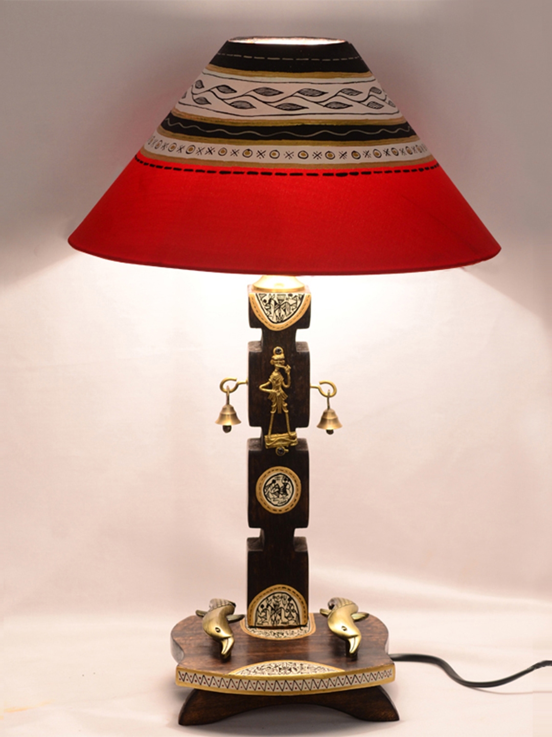 ExclusiveLane Red Brown 20 Inch Dhokra Warli Handpainted Wooden Table Lamp with Shade