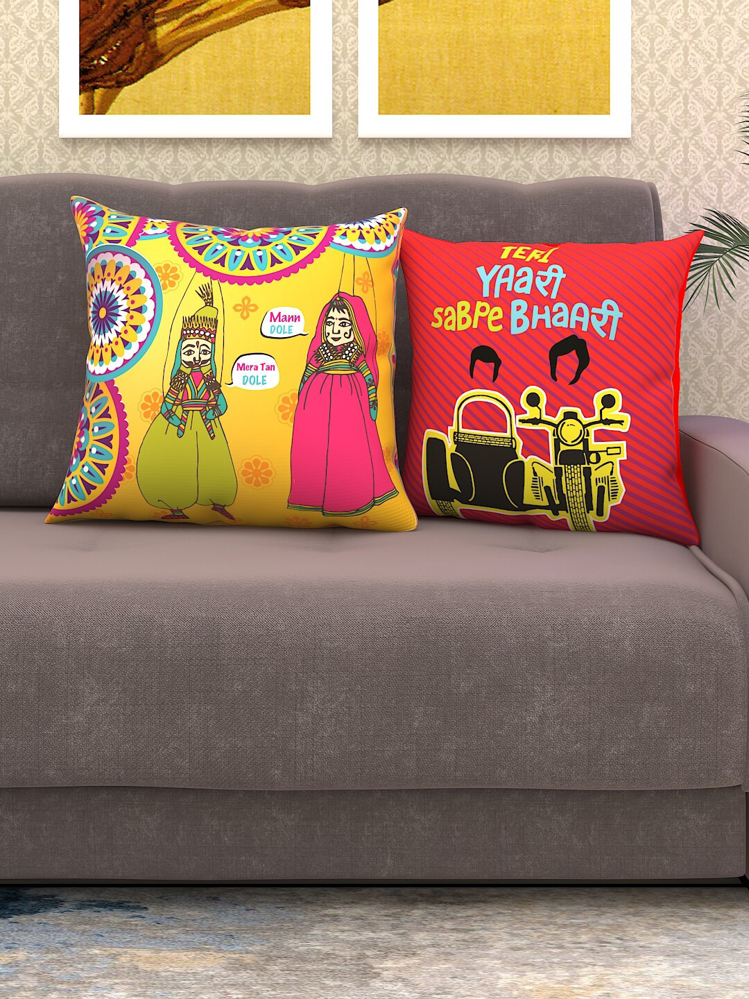 Athom Trendz Yellow & Pink Set of 2 Graphic Square Cushion Covers