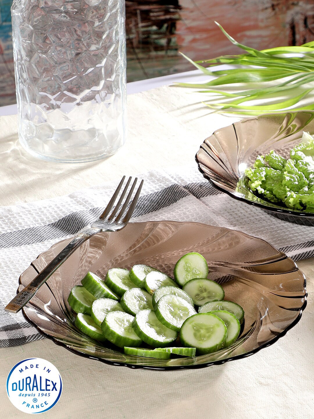 DURALEX Coffee Brown & 6 Pieces Textured Glass Glossy Plates 21.5 cm