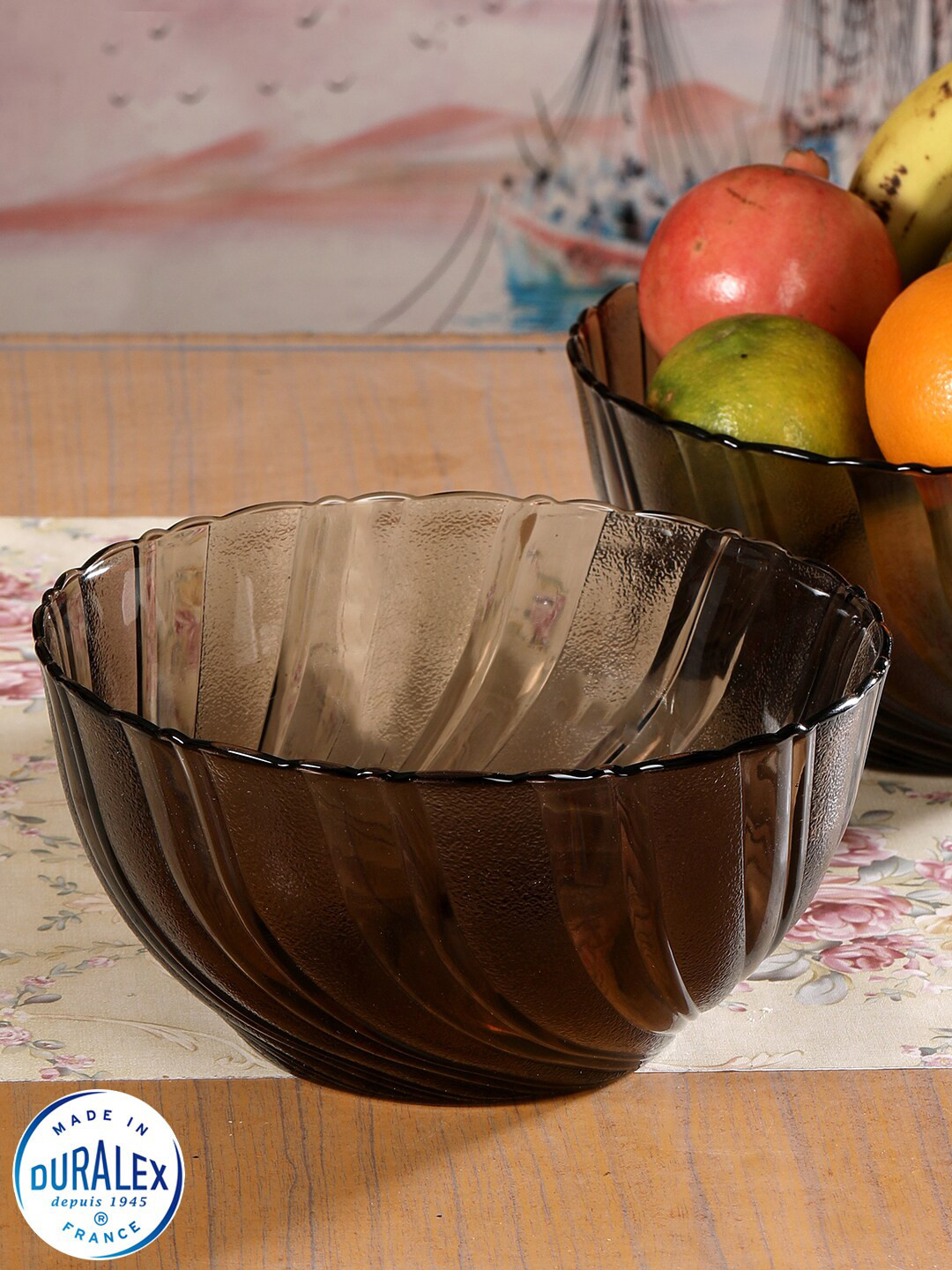 DURALEX Coffee Brown 2 Pieces Textured Glass Glossy Bowls