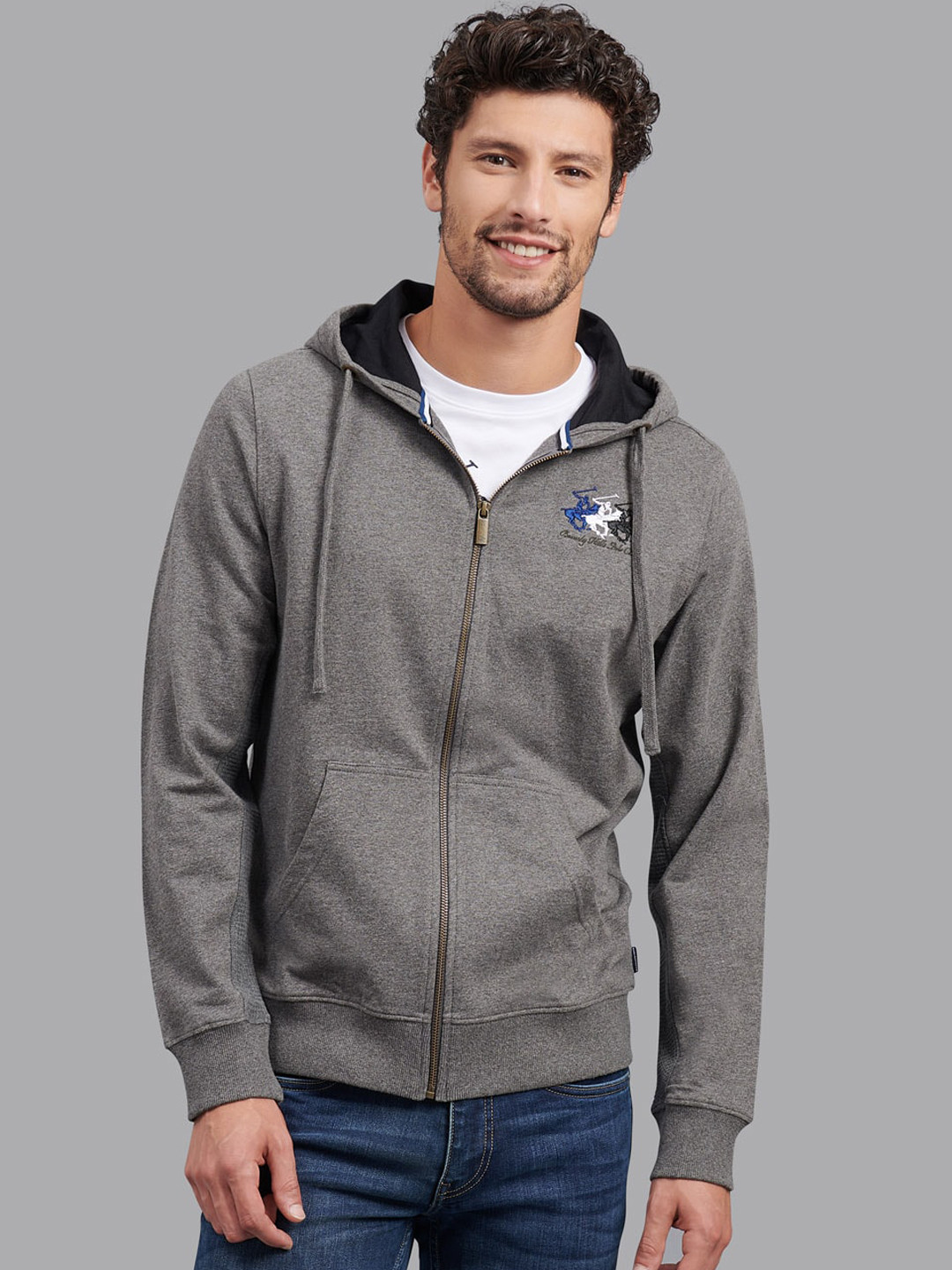 Beverly Hills Polo Club Men Charcoal Grey Cotton Hooded Front-Open Sweatshirt