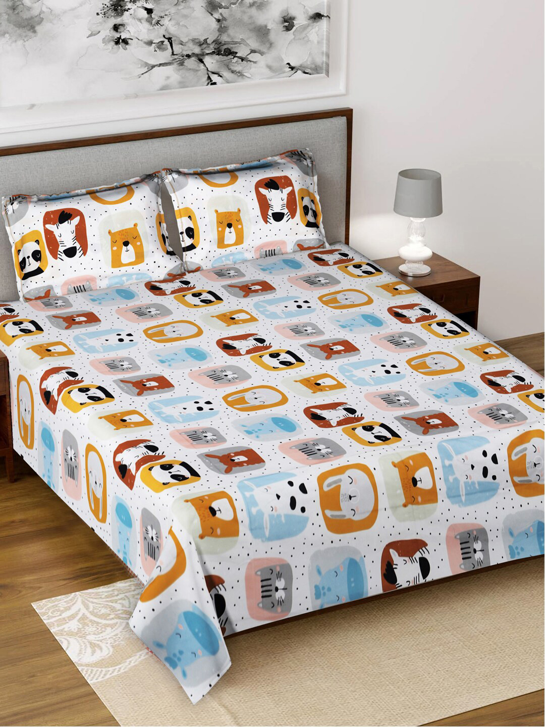 Kuber Industries White Cartoon Characters Cotton 160 TC King Bedsheet with 2 Pillow Covers-100 x 90 inches