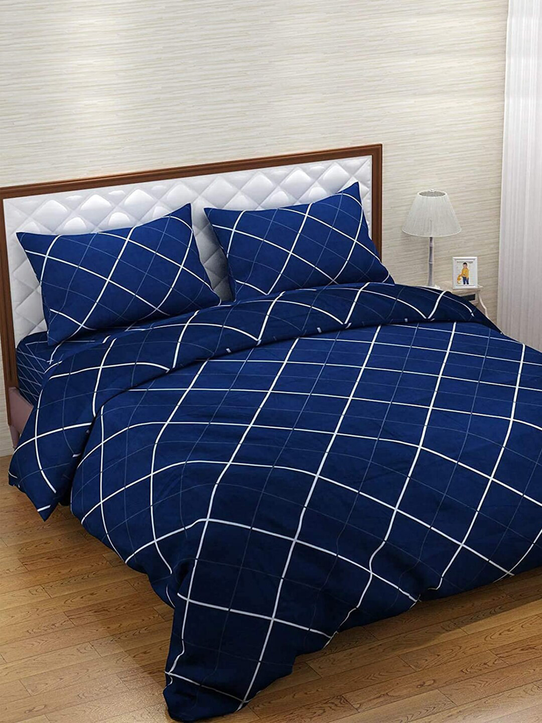 Kuber Industries Navy Blue Geometric Cotton 160 TC King Bedsheet with 2 Pillow Covers-85 x 91 inches