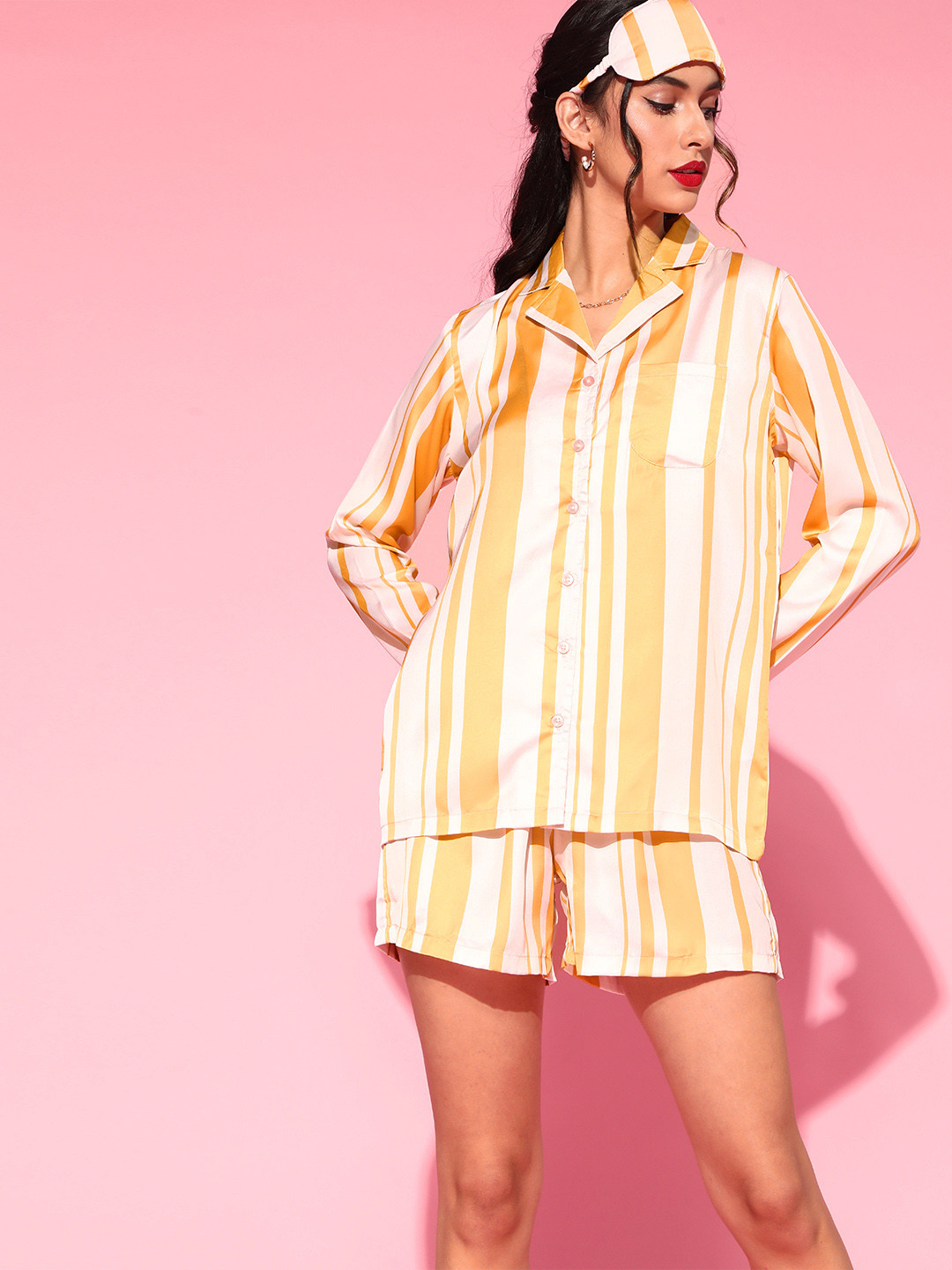 DRAPE IN VOGUE Women Bright Yellow Striped Satin Night Suit