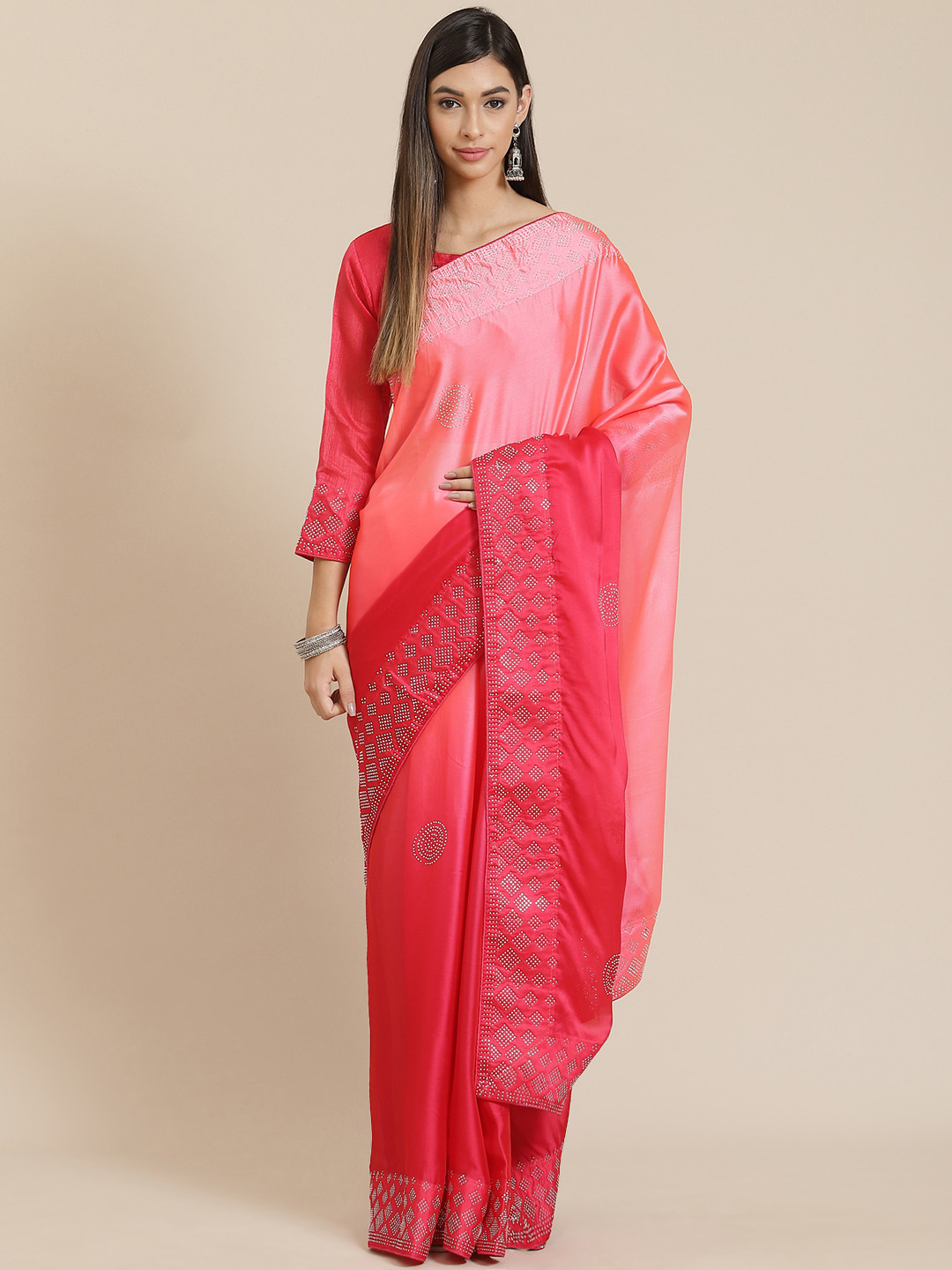 SERONA FABRICS Red & Pink Mirror Work Saree